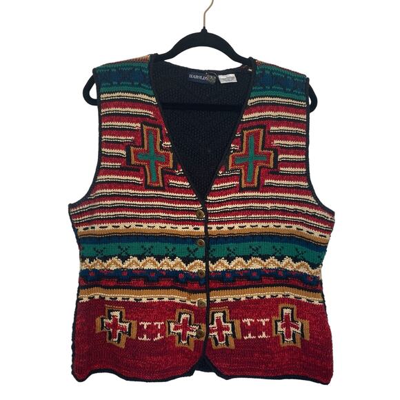 90s vintage knit vest Harolds Southwestern Boho Western Style Cross Size L - Picture 1 of 9